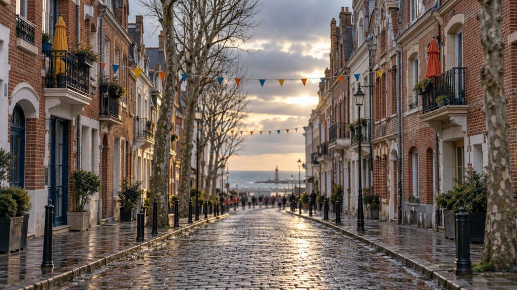 Rue de maisons flamandes en brique à Dunkerque un après-midi d’hiver, avec une foule floue au loin, évoquant la période du Carnaval et la location courte durée.