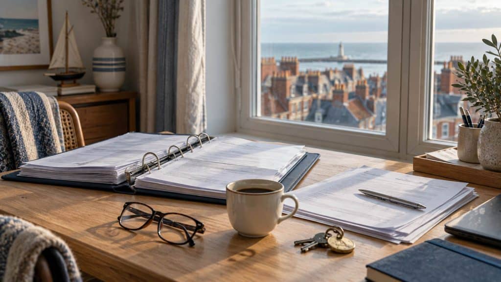 Dossier administratif ouvert sur un bureau clair devant une fenêtre, illustrant les démarches liées à la loi Le Meur pour un meublé de tourisme.