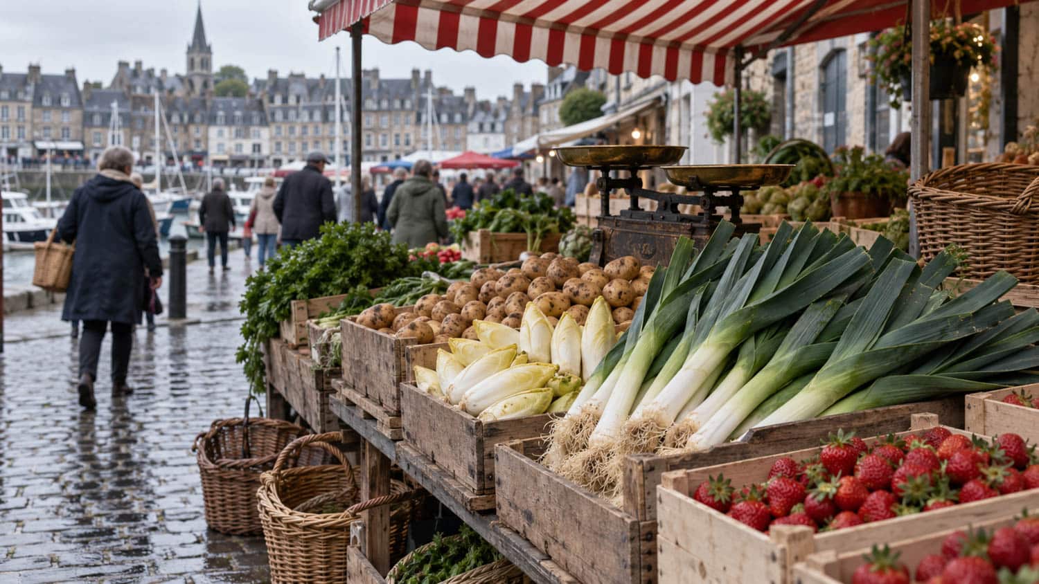 marchés Côte d’Opale Étal de fruits et légumes sur un marché de la Côte d’Opale un matin de semaine